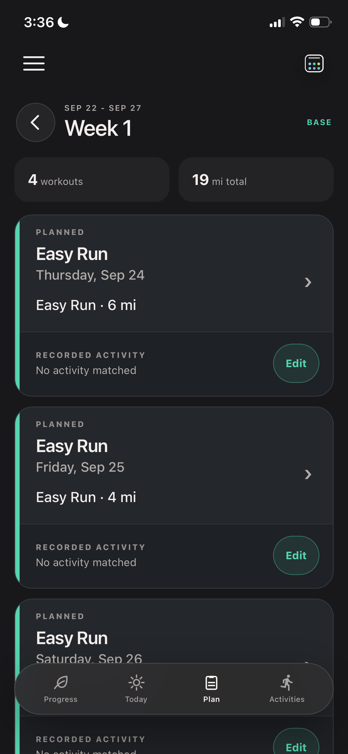 Wera week overview showing planned runs