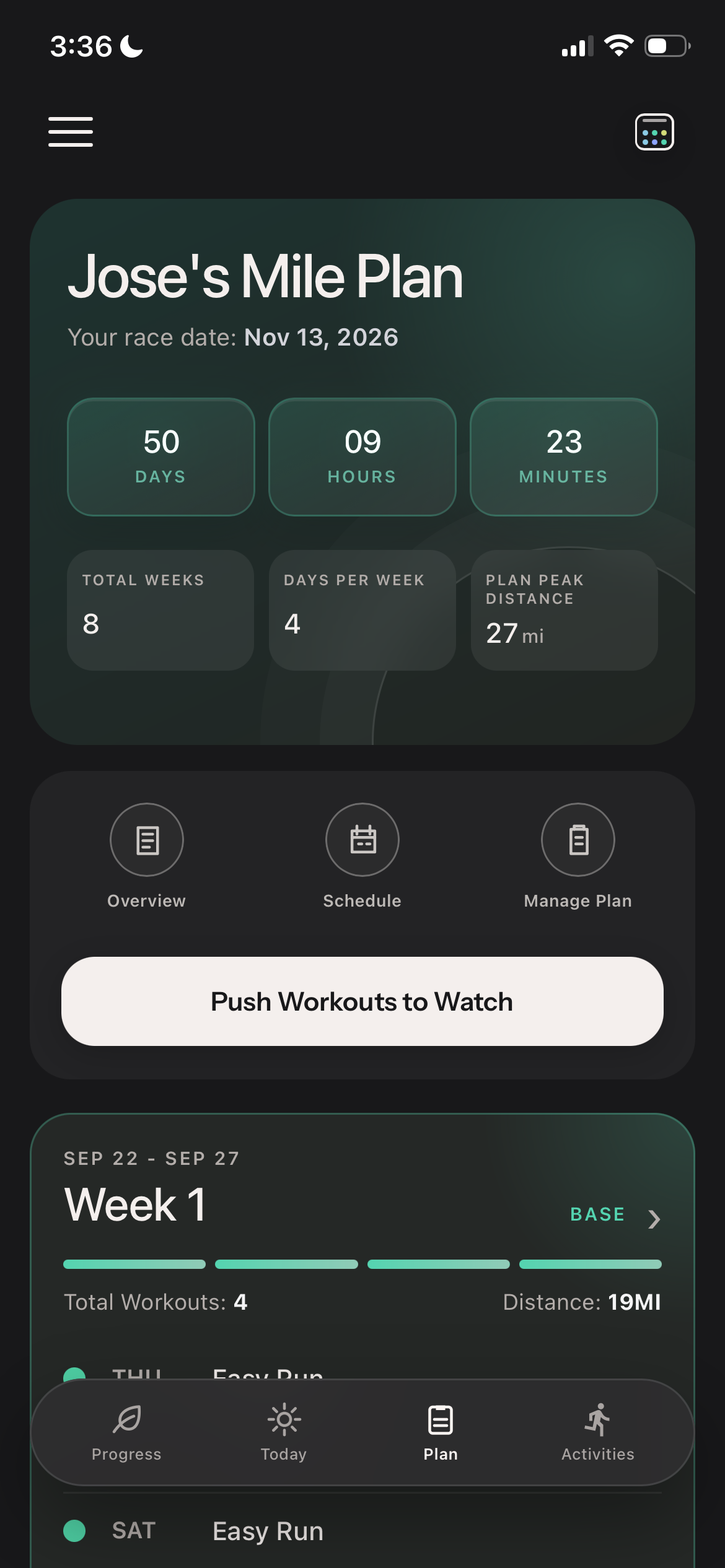 Wera plan tab showing a personalized mile plan
