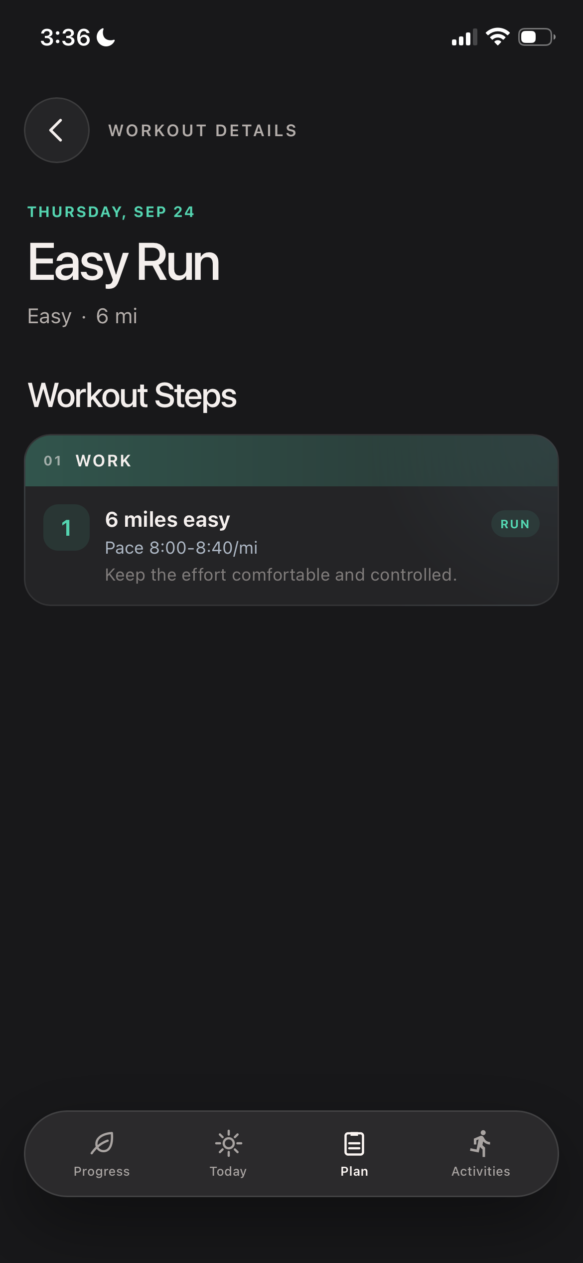 Wera workout details showing the run steps and target pace